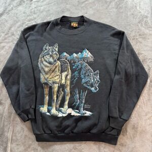 Vintage Wolf Crewneck Sweatshirt Size Large Black 80s Nature Sigma Pullover USA